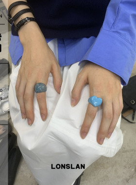 LONSLAN ACC 秋冬可爱少女精致闪粉爱心蓝色叠戴亚克力戒指