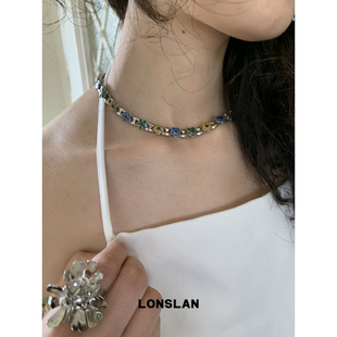 LONSLAN 2025ss蓝色复古做旧猪鼻扣花朵精致项链 ACC