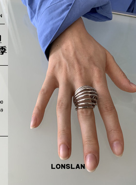 LONSLAN ACC 秋冬小众设计银色多层线条镂空夸张戒指百搭时尚