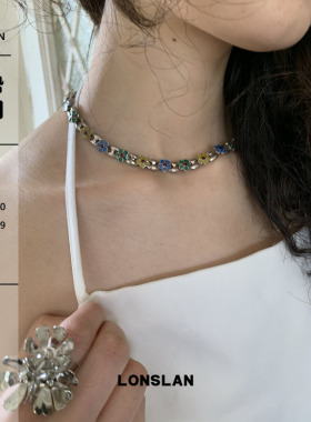 LONSLAN ACC 2025ss蓝色复古做旧猪鼻扣花朵精致项链