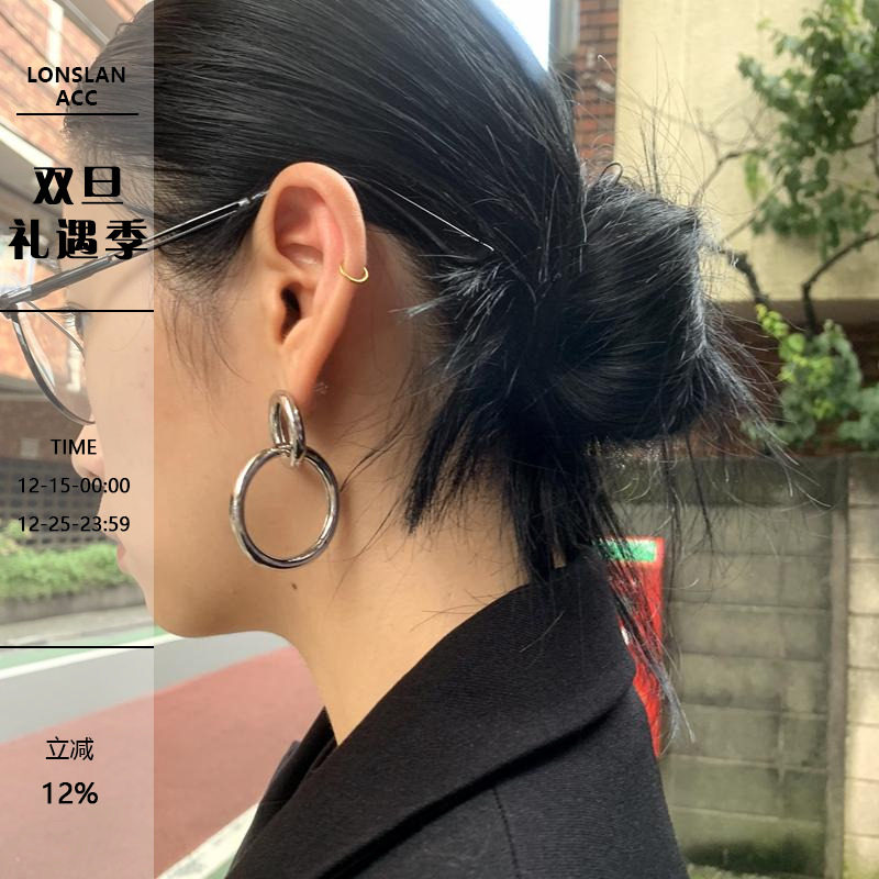 LONSLNA ACC 2024搭配 简约气质环形圆圈拼接吊坠银色耳环