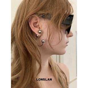 设计感银色金属圆球多种戴法耳钉夸张耳饰 2025ss LONSLAN ACC