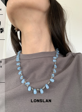 LONSLAN ACC 2025ss蓝色水滴拼接串珠气质时尚项链百搭毛衣链