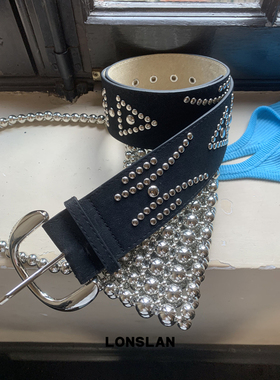 LONSLAN ACC 2025ss黑色复古宽边柳丁扣图案皮带设计感腰带