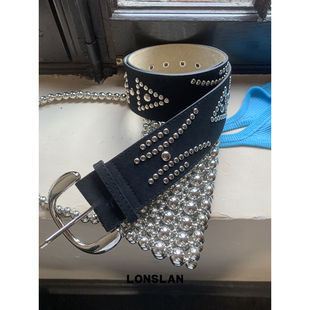 LONSLAN 2025ss黑色复古宽边柳丁扣图案皮带设计感腰带 ACC