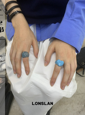 LONSLAN ACC 秋冬可爱少女精致闪粉爱心蓝色叠戴亚克力戒指