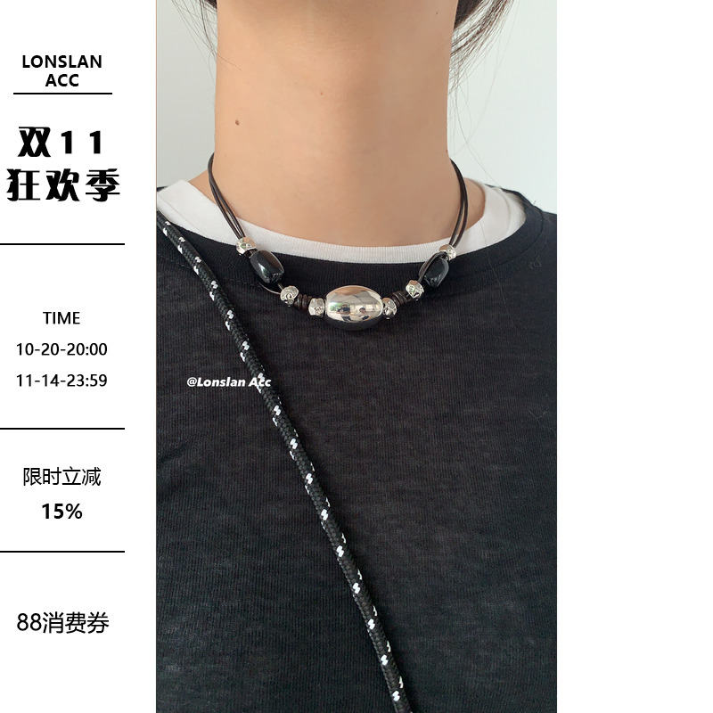 LONSLAN ACC  质感黑色金属不规则串珠拼接秋冬毛衣链子项链
