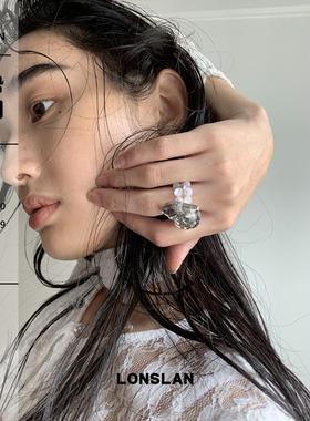 LONSLAN ACC 早秋金属桃心串珠时尚百搭ins弹力绳戒指