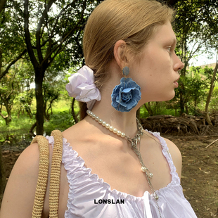 蓝色吸睛玫瑰小众设计大气时髦耳环 2024搭配 LONSLAN ACC
