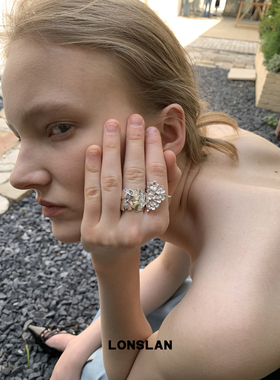 LONSLAN ACC 春夏韩系繁华开口银色夸张戒指银杏树叶宽版指环