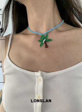 LONSLAN ACC 2025ss海边度假风串珠椰子树蓝色项链百搭锁骨链