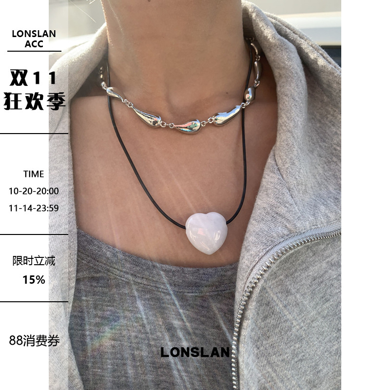 LONSLAN ACC 2025SS个性简约爱心黑绳玉石项链小众叠戴锁骨链