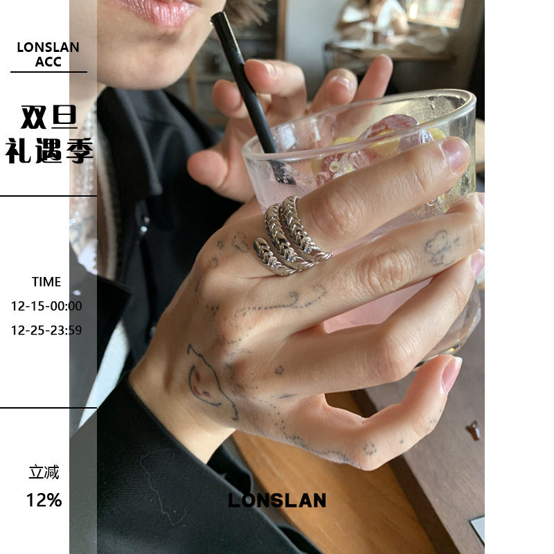 LONSLAN ACC 2025SS个性小众配饰多层环绕菱格戒指百搭食指戒