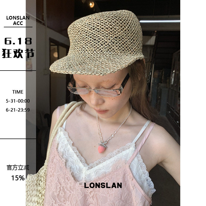 LONSLAN ACC 春夏天然咸草手工编织鸭舌帽镂空透气遮阳帽