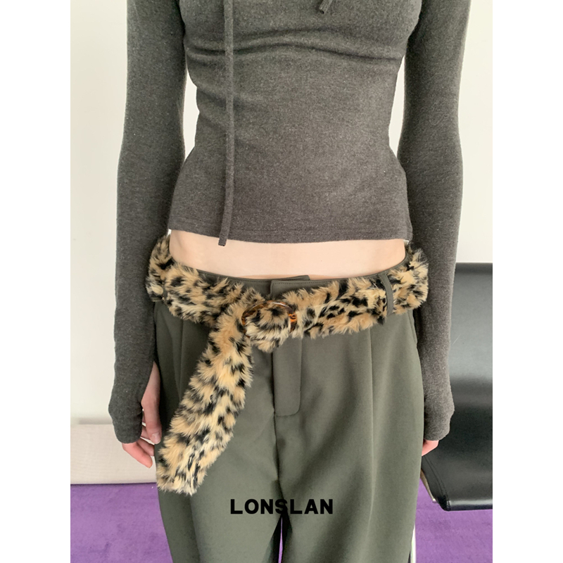 LONSLAN ACC 秋冬复古豹纹毛绒y2k腰带棕色气质皮带