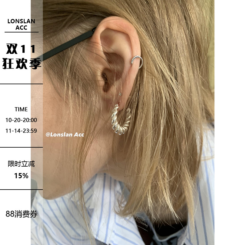 LONSLAN ACC 简约日常百搭螺旋卡扣银耳环耳饰