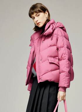 颜域玫红色保暖羽绒服外套女款2024年冬季新款短款翻领连帽面包服
