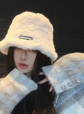 毛毛渔夫帽子女网红秋冬季2025新款加绒保暖韩版百搭素颜水桶盆帽
