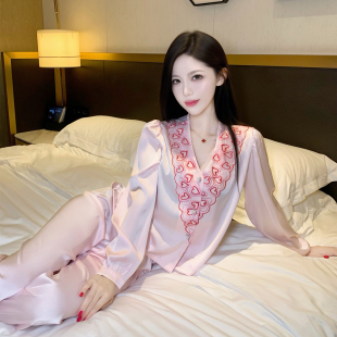 性感贵妇家居服套装 高级感睡衣女款 长袖 少女秋季 春秋冰丝2025新款