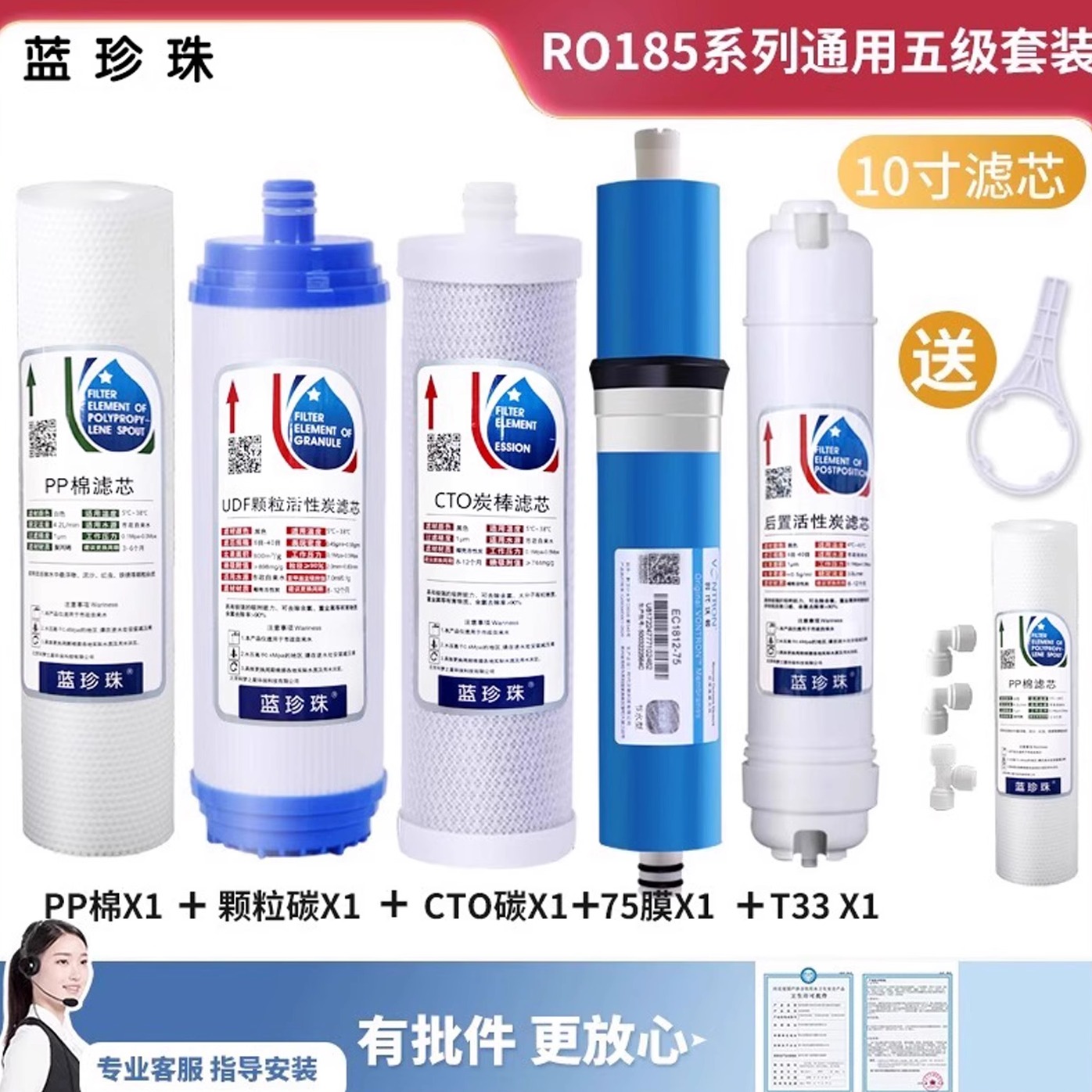 蓝珍珠10寸插口式滤芯套装净水器RU/RO185经典75通用过滤芯