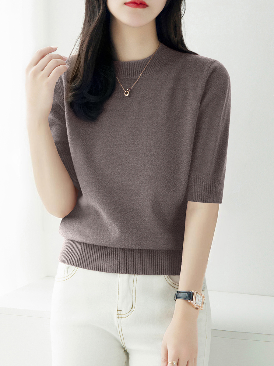 时尚百搭半高圆领五分袖针织衫毛衣女装秋季新款宽松显瘦打底上衣