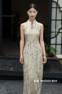 ES复古国风印花立领背心连衣裙女2024夏季收腰新中式改良旗袍长裙