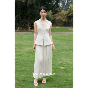 ES高级感套装女2025夏季V领花边刺绣无袖马甲+百褶半身长裙两件套