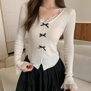 内搭打底上衣 TOP早秋蝴蝶结蕾丝花边v领长袖 针织衫 女2025新款 修身