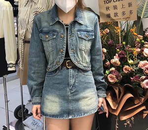 TOP复古牛仔套装女2023秋季新款小个子短款外套短裙裤时尚两件套