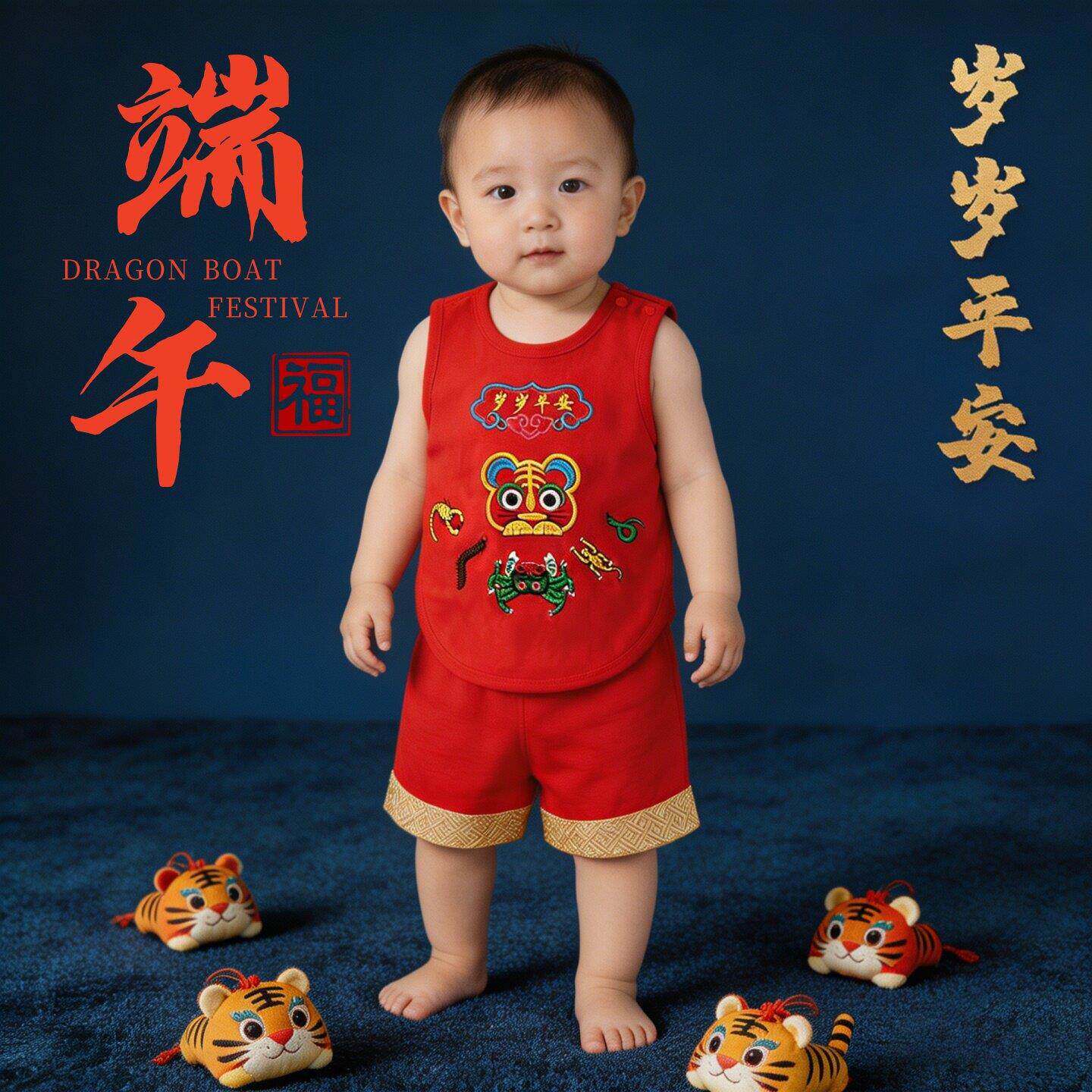 端午节宝宝衣服婴儿五毒肚兜传统百虫衣服装中国风周岁抓周套装红