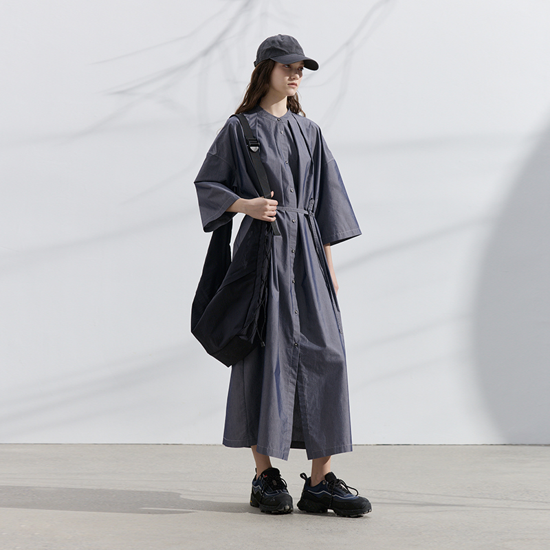 超薄牛仔 半圆原创女装2024夏季宽松中袖立领连衣裙女浪漫慵懒感