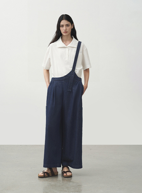 纯棉 半圆原创女装[复古]2025夏季原牛蓝背带牛仔裤子女不对称