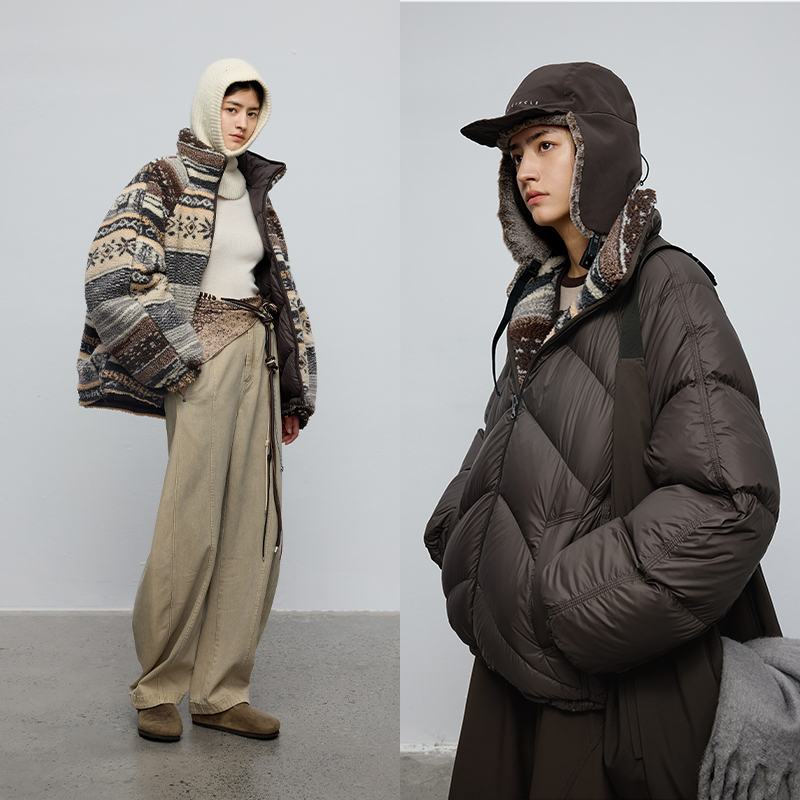 半圆原创设计女装[复古]2025秋冬休闲宽松立领双面穿提花羽绒服女