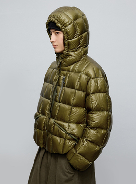 半圆原创女装[运动]2025冬季方格绗线轻量连帽宽松休闲羽绒服女