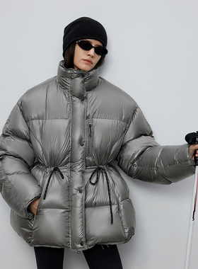 半圆原创女装[运动]2025冬季银灰色金属光泽轻户外立领羽绒服女