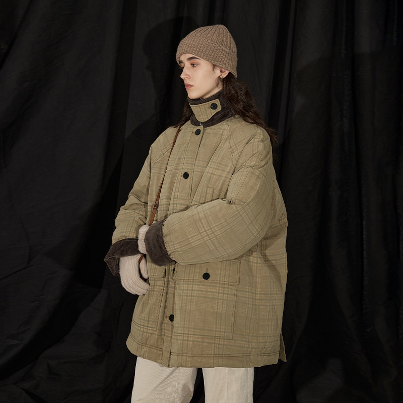 定制面料 半圆女装[复古]2025冬季新款格纹印花水洗工装羽绒服女