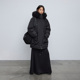 半圆原创女装 2025冬连帽宽松休闲多口袋典雅派克羽绒服女 复古