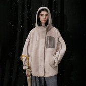 半圆女装 浅粉色连帽仿羊羔毛外套女连帽撞色 新款 运动 2024秋季