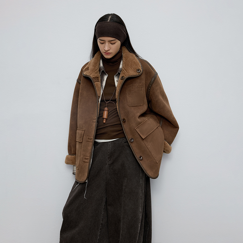 半圆原创女装[复古]2025冬季短款宽松休闲双面穿仿羊羔毛外套女