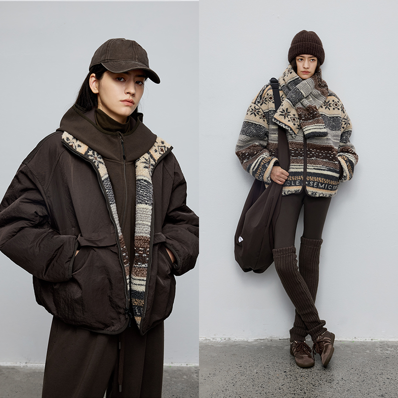 半圆原创设计女装[复古]2025秋季仿羊羔毛双面穿毛呢外套女保暖