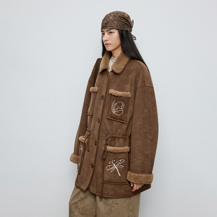 复古 半圆女装 仿羊羔毛 2025秋宽松休闲绣花毛呢外套女 特价