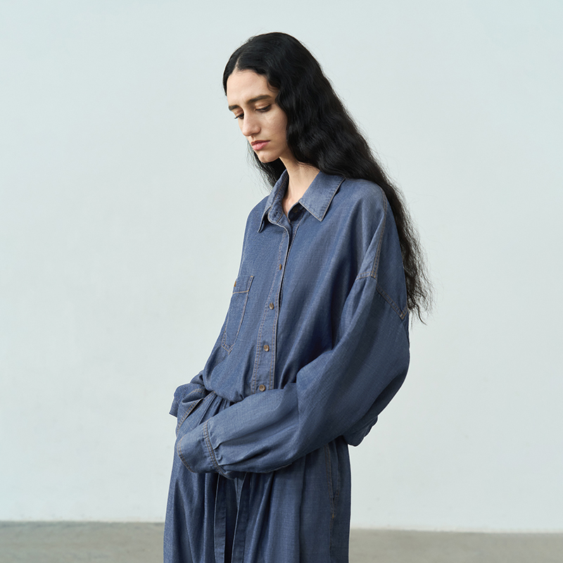 亚麻天丝混纺 半圆女装[文艺2025春秋水洗牛仔宽松长袖衬衫女上衣