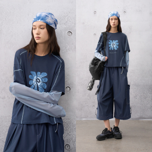 2026春宽松休闲假两件植绒印花T恤女上衣 运动 棉麻混纺 半圆女装