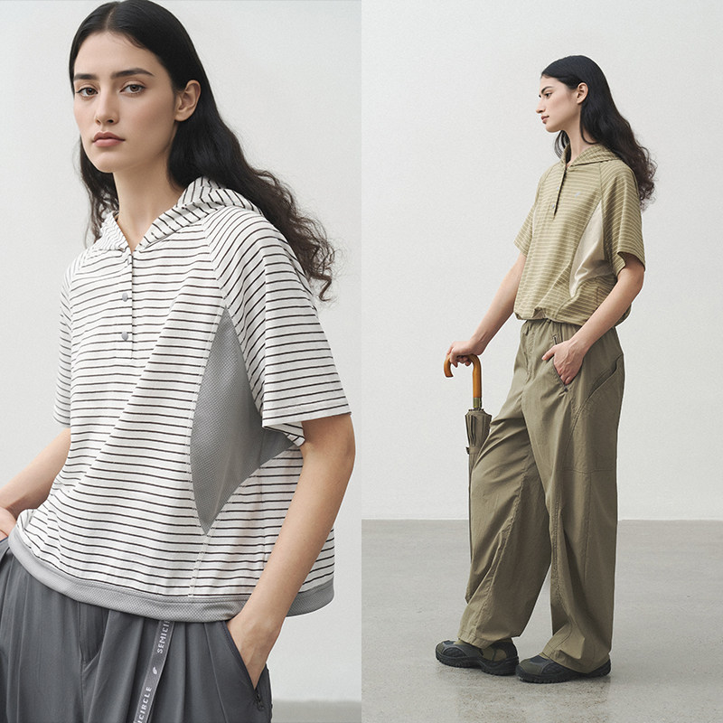半圆原创女装[运动]2026夏季两色连帽条纹polo领短袖t恤女上衣