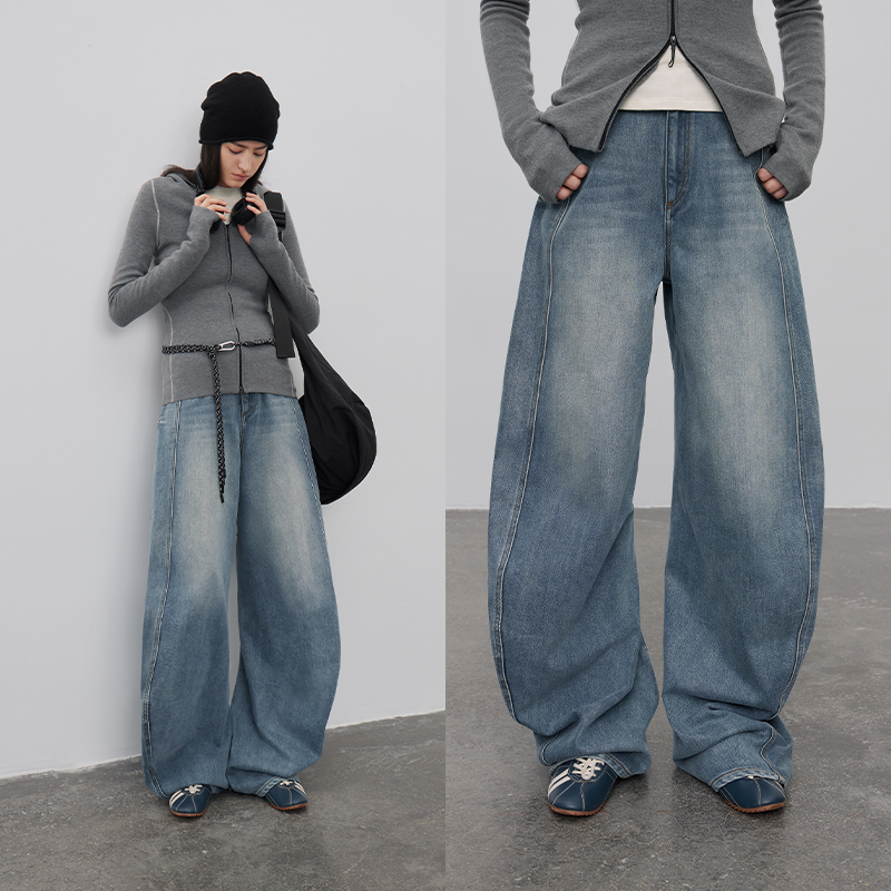 【特价】半圆原创女装[复古]2025秋冬宽松休闲低腰弯刀裤牛仔裤女
