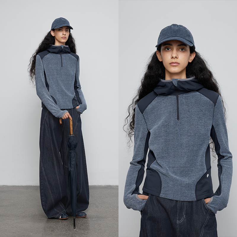 半圆原创女装[运动]2025秋季拼接肌理连帽T恤轻户外运动t恤女上衣