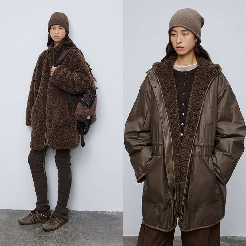 半圆原创女装[复古]2025秋冬宽松立领双面仿羊羔毛工装外套女保暖