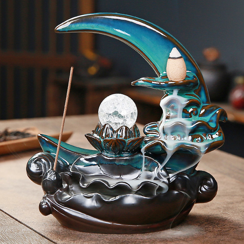 新款蓝色荷塘月色倒流香炉家居室内香薰炉创意陶瓷线香炉香插摆件