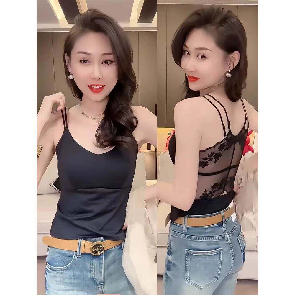 蕾丝美背文胸一体背心女内搭带胸垫内衣显瘦无袖吊带黑色抹胸上衣