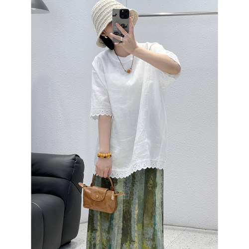 棉花边下摆宽松亚麻上衣